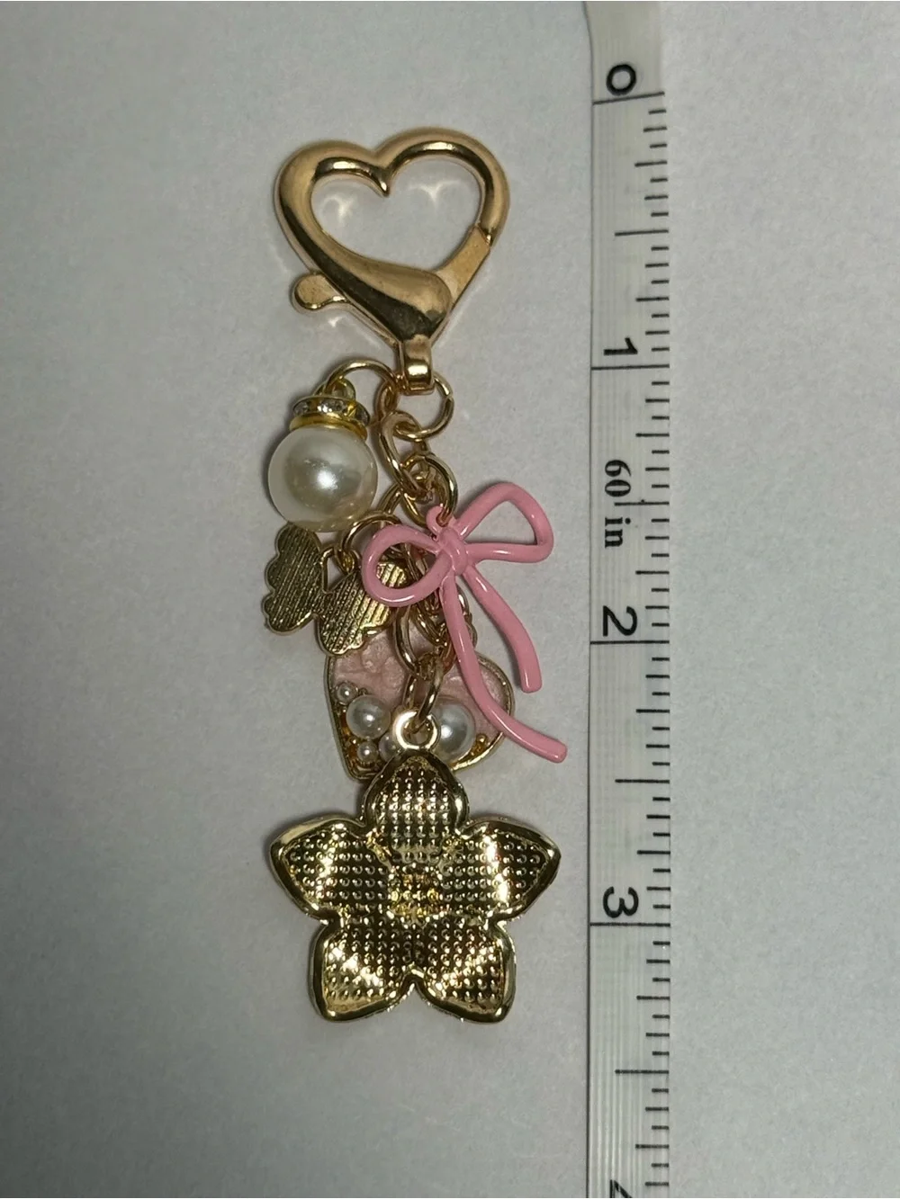 Pink Heart & Flower Charm Keychain with Pearls